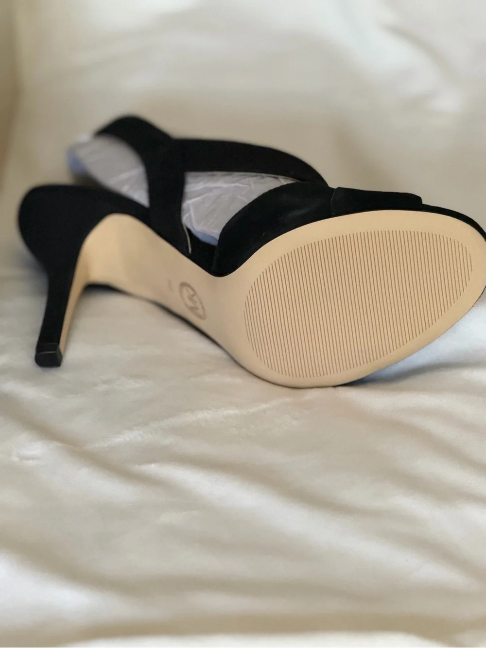 Michael Kors Black Suede Crisscross Slingback Heels with Gold Buckle
